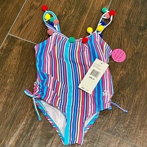 Betsey Johnson Toddler Girls One Piece Pom Pom Stripes Bathing Suit size 2T NWT